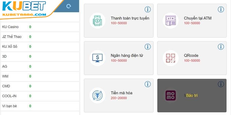 Nạp tiền Kubet88 có nhiều hình thức để đáp ứng nhu cầu mọi đối tượng